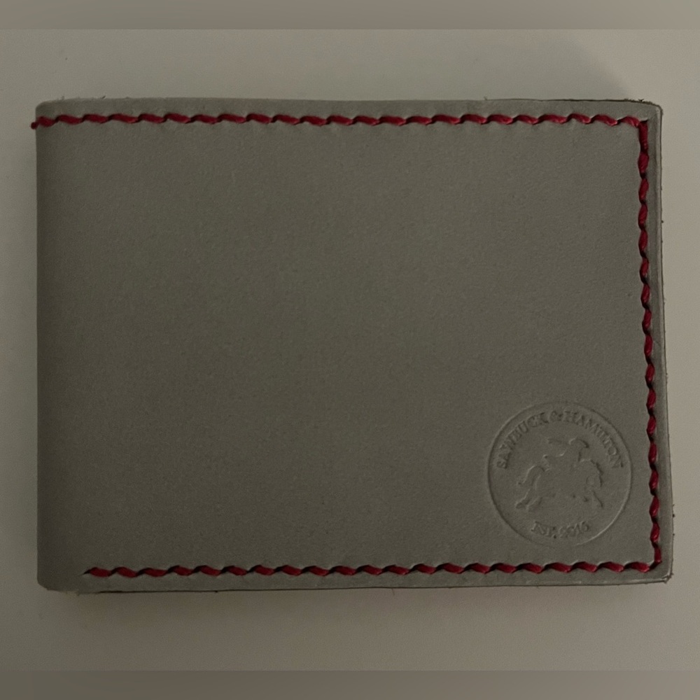 Gray and Red Leather Thin Bifold Wallet with Embossed Logo